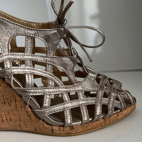 Stuart Weitzman Metallic Leather Wedge Cork Heel Lace Up Sandals Size 38 - Picture 10 of 15